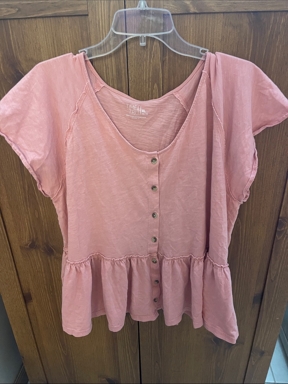 Time and Tru Dusty Rose Button-Front Peplum Top